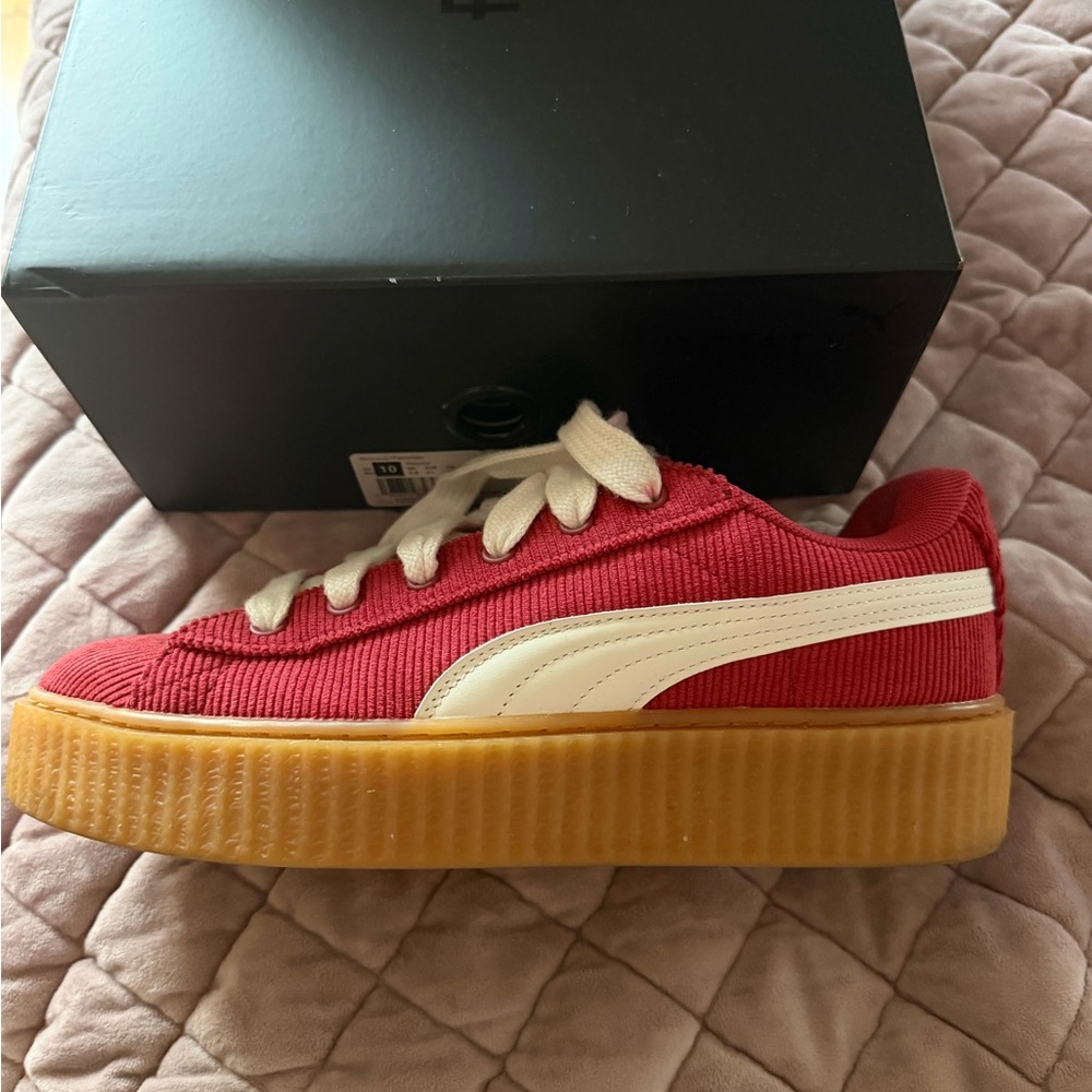 Fenty PUMA Red Corduroy Platform Sneaker with Gum Sole